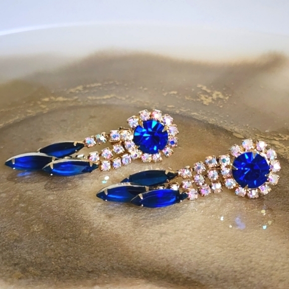 Jewelry - Vintage Rhinestone Sapphire Blue Aurora Borealis Gold Dangle Drop Earrings